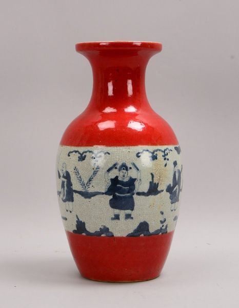 Porzellanvase, figürl. Darst., blaue Unterglasurmalerei auf Cracquelé, teils rot gef.