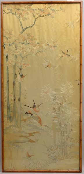 Seidenstickerei auf Seide (China), 'Naturdarstellung mit Reihern', hinter Glas