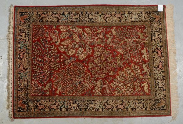Ghom, Seide auf Seide, sehr feine Kn., ca. 640.000 Kn./qm, Paradiesmotiv auf Rostrot
