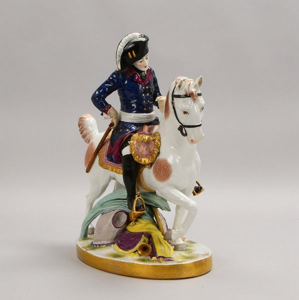 Volkstedt(?), Porz.-Figur, 'Der Alte Fritz zu Pferde', polychr. Bemalung, Sockel gemarkt