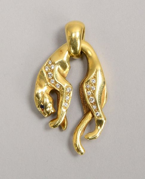 Figürl. Anhänger, 585 GG (gest.), 'Panther', mit 16x kl. Brill.; Maße 25 x 40 mm