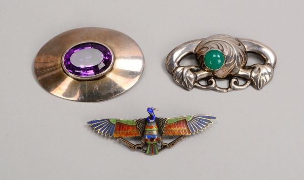 3 Broschen, Silber, teils emailliert - teils mit Schmucksteinbesatz (u.a. Amethyst)