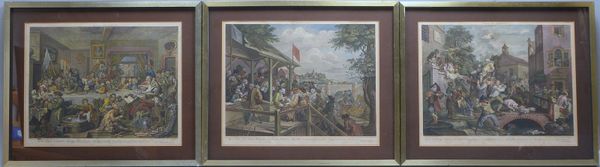 3 Kupferstiche nach William Hogarth ('Canvassing for Votes - I, III und IV'), hinter Glas