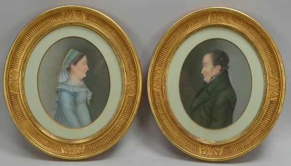2 Biedermeier-Portraits, 'Dame' und 'Herr', Pastellkreide, unsign., unter PP hinter Glas