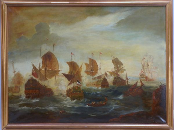 Gemälde, 'Seeschlacht', Öl/Lw, unsign.; Bildmaße 75 x 100 cm, Rahmenmaße 83 x 108,5 cm