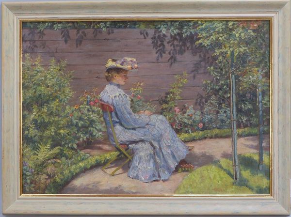 Plump, Berta, 'Junge Dame im Garten', Öl/Lw, verso bezeichnet; Maße 54 x 76 cm