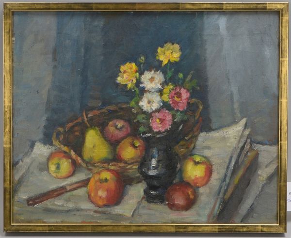 Gemälde, 'Tischstillleben mit Blumen und Äpfeln', Öl/Lw, unsign.; Bildmaße 40 x 50 cm