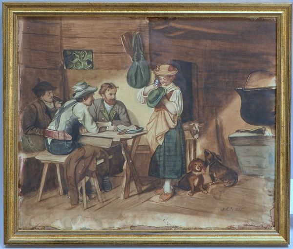 Monogrammist M.H., 'Wirtshausszene', Aquarell, monogr./dat. '1885', hinter Glas ger.