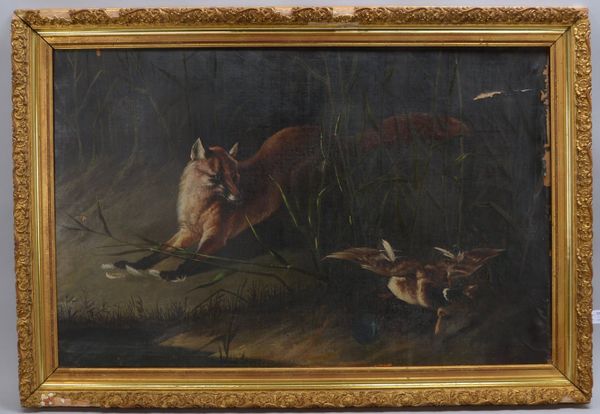 Gemälde, 'Fuchs mit erlegter Ente', Öl/Lw, unsign.; Bildmaße 68 x 105 cm (restaur.)