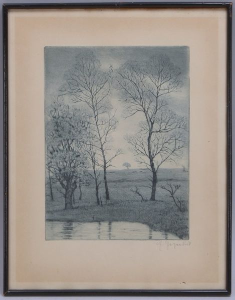 Papendiek, Auguste, 'Weite Landschaft mit Flussufer', Radierung, hinter Glas ger.
