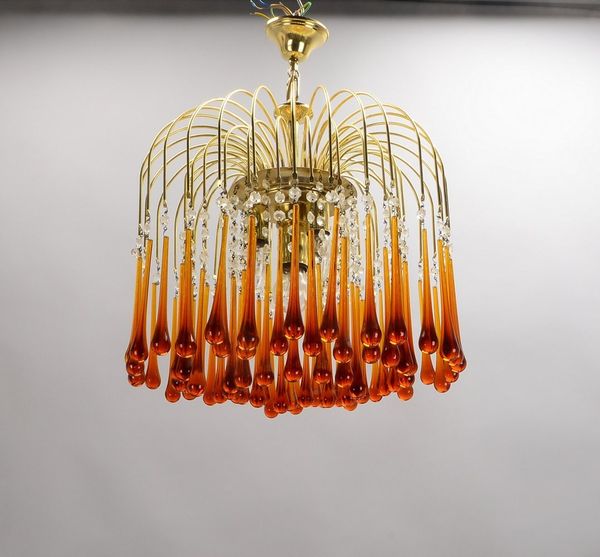 Deckenleuchter, sog. 'Wasserfall', Metall/Glas, geschwungene Arme/Prismen und Murano-Tropfen
