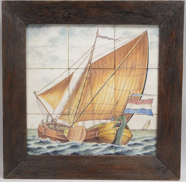 Antikes Fliesenbild, 'Holländ. Plattbodenschiff', aus 9x Fliesen; Maße 50,5 x 50,5 cm