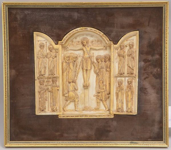Sakrales Gipsrelief, 'Kreuzigung Jesu Christi mit Randheiligen', gerahmt; Maße 26,5 x 23,5 cm