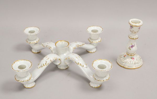 2 Porz.-Tischkerzenleuchter: Rosenthal, 5-fl., Ø 38 cm; und 1x Meissen, 1-fl., Höhe 16 cm