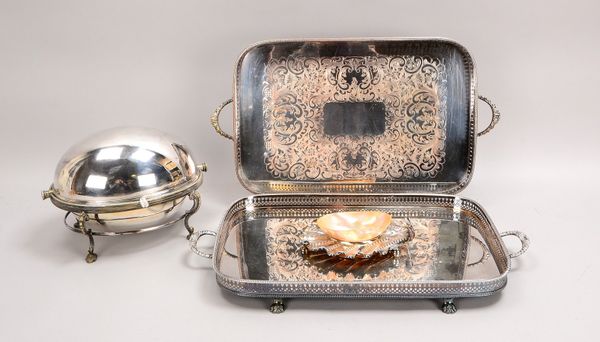 4 Servierteile, versilbert: 2x Tabletts, mit Galerie/seitl. Handhaben; und 2x Kaviarschalen