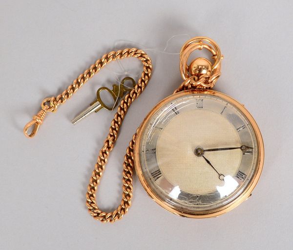 Taschenuhr, Schlüsselaufzug, 750 GG, Gew. 122 g; an Uhrkette, 585 RG, Gew. 23,60 g