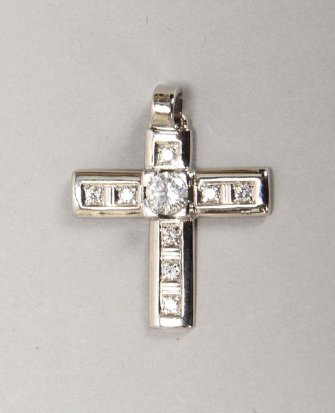 Anhänger, 585 WG (gest.), 'Kreuz', mit Brillantbesatz, 'Weiß/P1'; Gew. 4,90 g