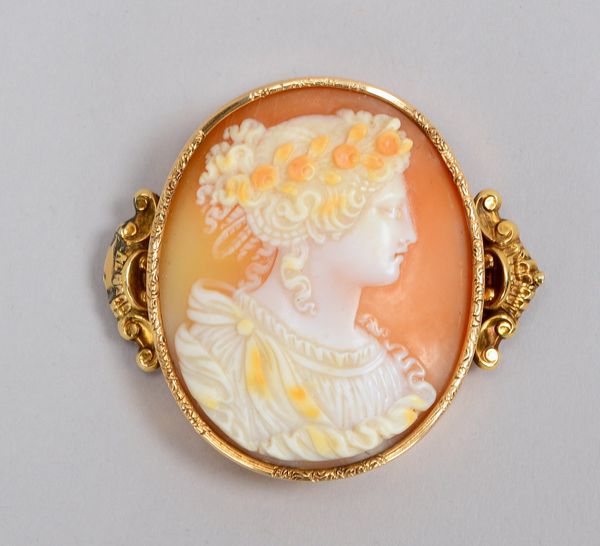 Brosche/Anhänger, 585 GG-Fassung mit geschn. Kamee, 'Frauenportrait'; Maße 5 x 5 cm