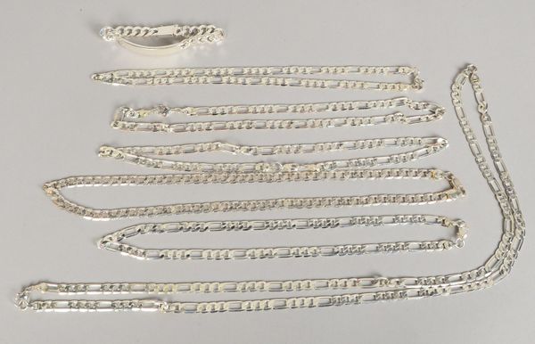 Silberschmuck, 925 Sterlingsilber, jeweils flache Panzerglieder: 6x Ketten/1 Armband