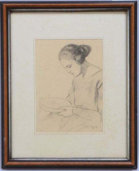 Oppel, Lisel, 'Frau mit Stickrahmen', Bleistift/Papier, unten re. sign., unter PP hinter Glas