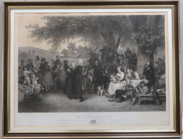 Antiker Stich, 'La Cinquantaine' ('print par Louis Knaus, grav. Paul Giradet'), hinter Glas