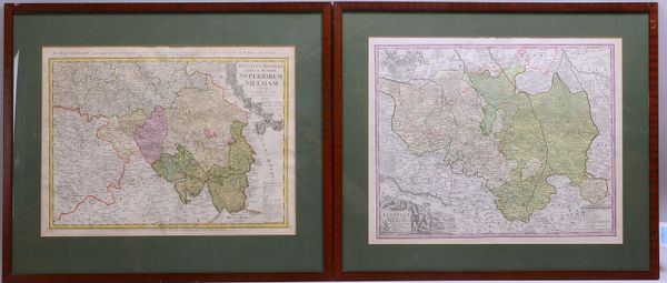 2 histor. Landkarten: 'Oberschlesien', und 'Oberlausitz', grenzkoloriert, hinter Glas