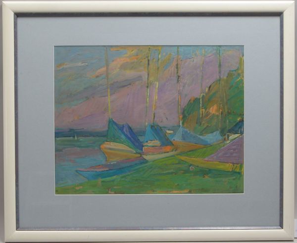Gemälde, 'Segelboote am Starnberger See', Gouache auf Papier, unter PP hinter Glas
