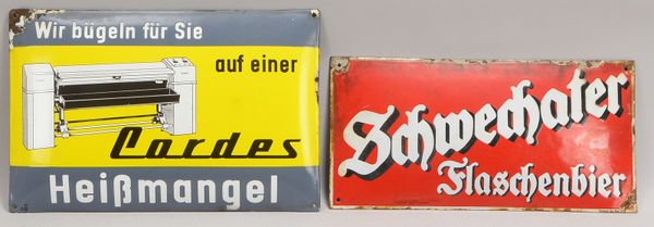 2 Werbeschilder, Emaille: 'Cordes Heißmangel', und 'Schwechater Flaschenbier'