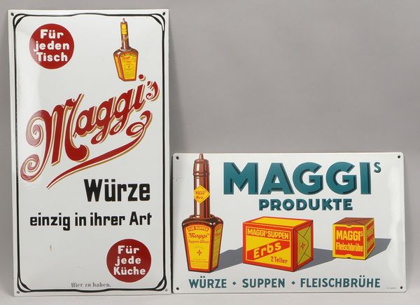 2 Werbeschilder, 'Maggi', Emaille, 1x Maße 30 x 50 cm, 1x Maße 60 x 33 cm