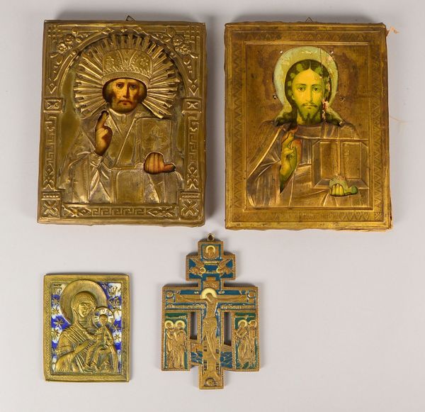 4 antike Ikonen, 'Christl. Szenen': 2x mit Oklad, und 2x Reiseikonen (Russland), Bronze