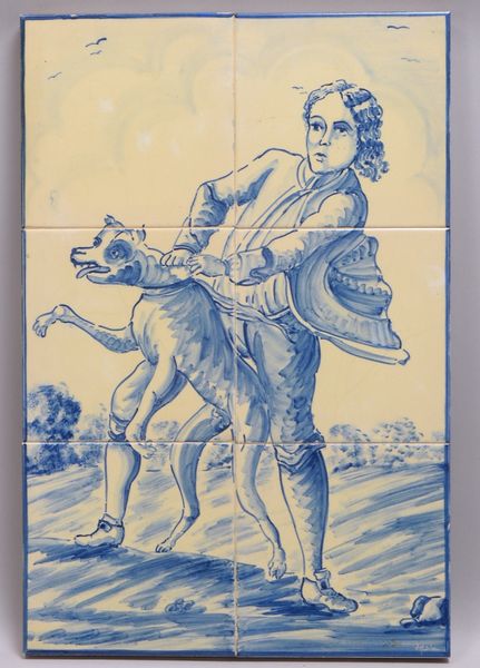 Fliesenbild (wohl Portugal), 'Mann mit Hund', 6x handbem. Fliesen/auf Holzplatte, sign.