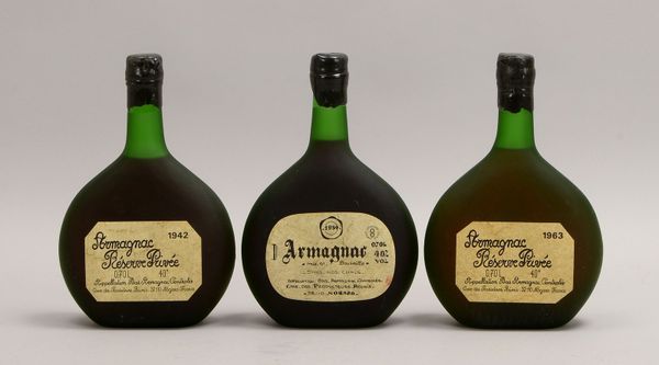 Sammler-Armagnac, 3 Fl.: Armagnac Nogard, Jg. 1934, Jg. 1942, und Jg. 1963