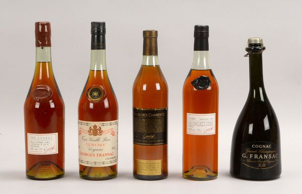 Sammler-Spirituosen, 5 Flaschen: Cognac Georges Fransac, und Grashoff-Cognac