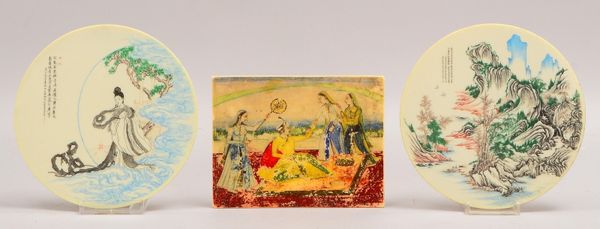 3 Malereien, versch. Themen/Motive; Ø 17,5 cm, und Maße 13,7 x 16,3 cm