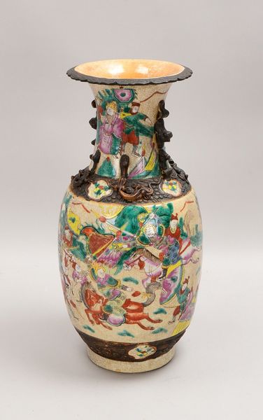 Vase, polychr. Handbemalung auf Cracquelé, plastische Zierbänder, mit Pressmarke