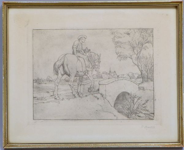 Boehle, Fritz, 'Bauer zu Pferde', Radierung, bleisign.; Rahmenmaße 28 x 35 cm