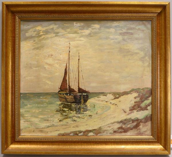 Gemälde, 'Anlandendes Fischerboot', Öl/Lw, unsigniert; Rahmenmaße 64 x 71 cm