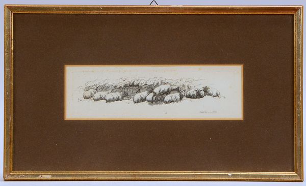 Radierung, 'Ruhende Schafherde', unten re. sign./dat. 'by R. Hills 1809', unter PP hinter Glas