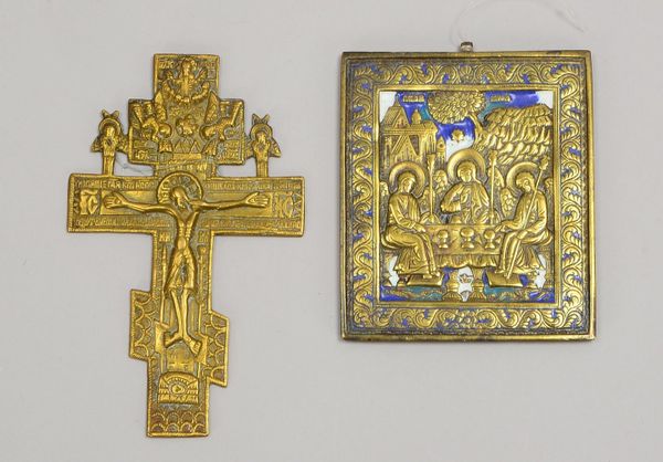 Bronze-Ikone, 'Dreifaltigkeit'; und Segenskreuz, 'Die Kreuzigung'