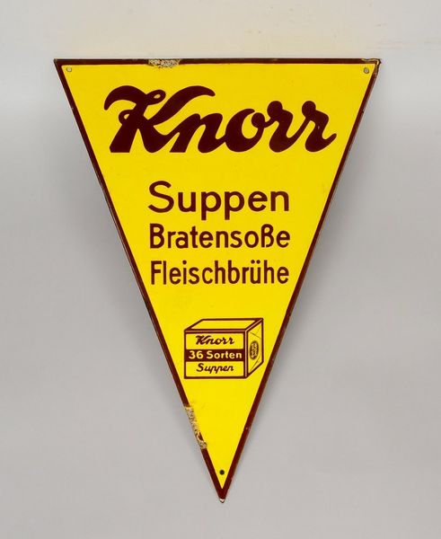 Emaille-Werbeschild, 'Knorr', Wimpelform; Höhe 57,5 cm, Breite 42,5 cm