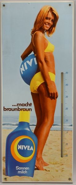 Blech-Werbeschild, 'Nivea', Plakatform, mit integr. Thermometer; Maße 75 x 30 cm