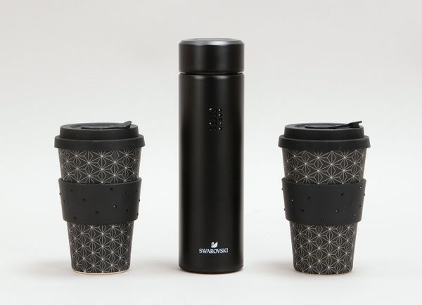 Swarovski, Thermoskanne und 2x Becher, mit Kristallbesatz - neuw., in OVP