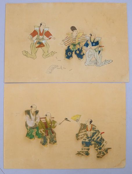 2 Mischtechn., 'Drei Männer beim Spiel'; Blattmaße 27 x 40,3 cm (Blatt beschädigt)