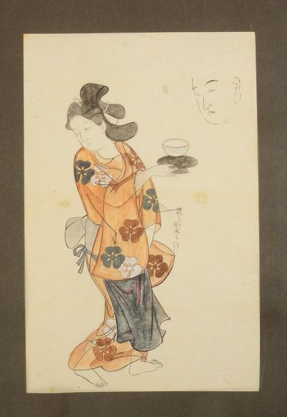 Tuschezeichnung, 'Geisha mit Tee', auf Seidenpapier; Maße 35 x 23 cm (leicht fleckig)