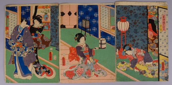 3 Farbholzschn., 'Hofszenen mit Geishas', mit Stempelsign. ungerahmt; Maße 37 x 26 cm