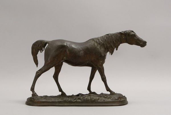 Tierskulptur, 'Pferd', Kupfer bronziert, Figur auf ovalem Natursockel; Maße 27 x 45 cm