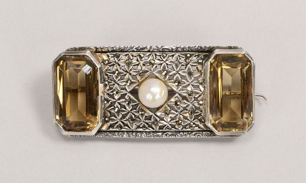 Th. Fahrner, Brosche (Art déco), 835 Silber, mit Perle, Rauchquarz und Markasiten