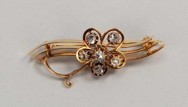 Brosche (Art déco), 585 RG (gepr.), mit 6x Diamantrosen; Länge 4 cm, Gew. 6,10 g