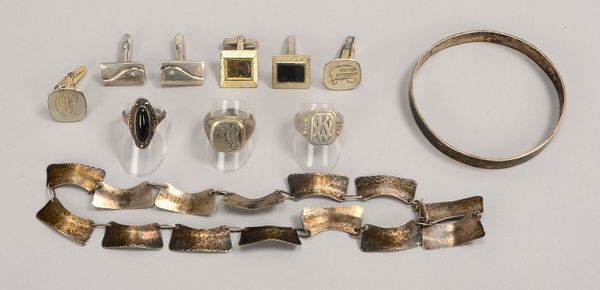 Silberschmuck: Halskette, Armreif, 3x Ringe, 3 Paar Manschettenknöpfe; Gew. 104 g