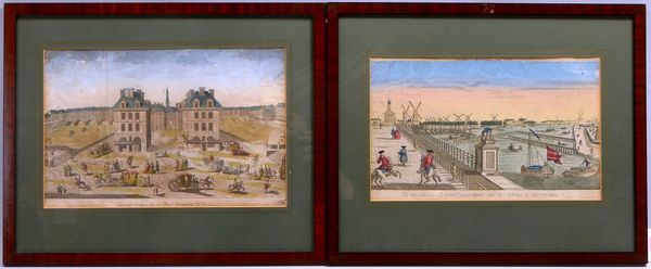 2 Guckkastenbilder, 'Paris'/'Amsterdam', Kupferstiche/handkol., unter PP hinter Glas